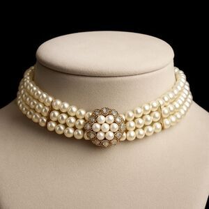 Vintage Elegant Pearl Choker Necklace with Gold Accents Triple Strand